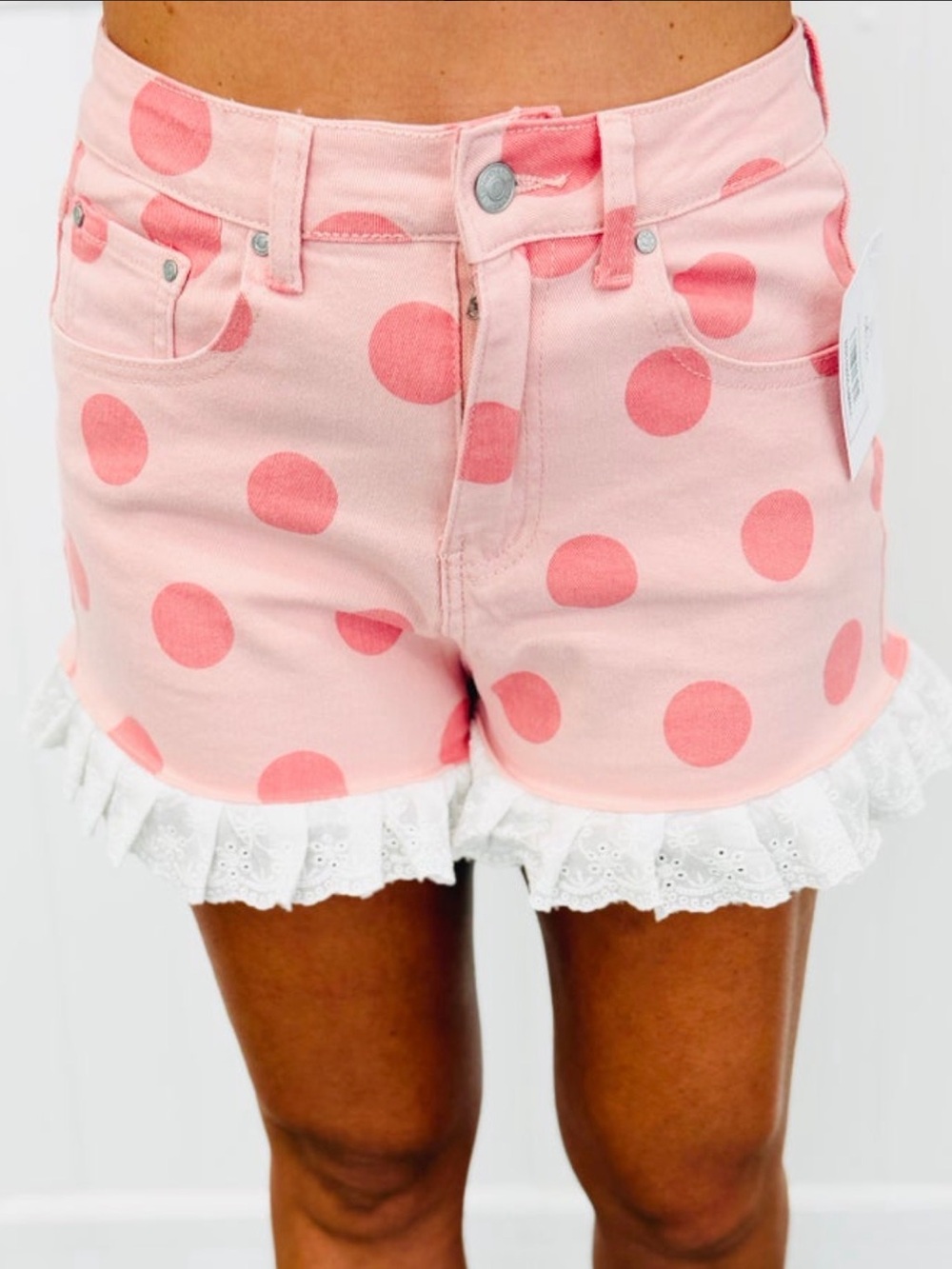 Women’s Pink Polka Dot Ruffle-Hem Jean Shorts